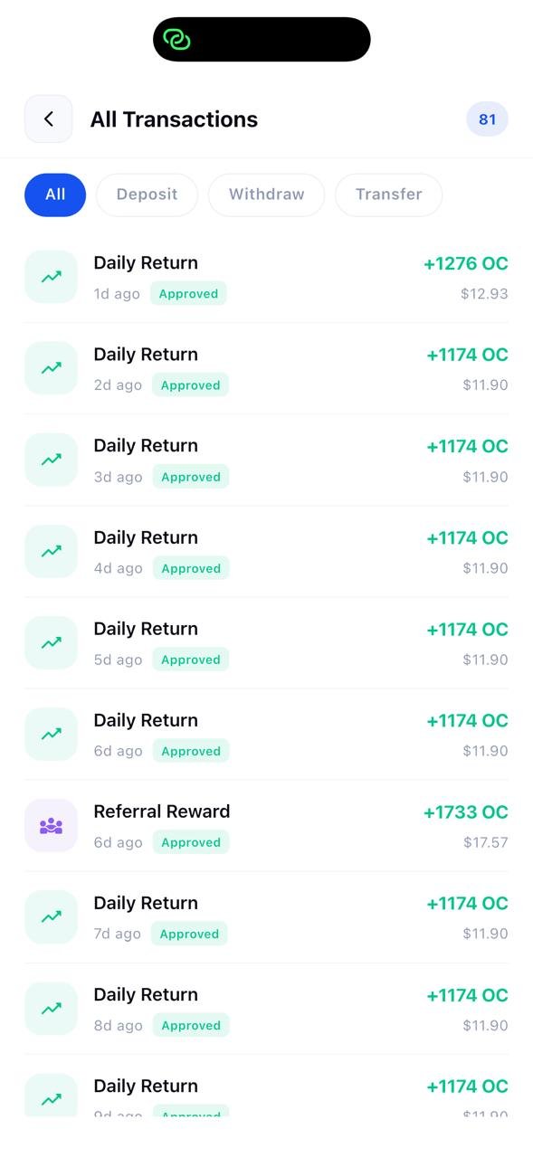 Onmo Coin transactions screen showing daily returns